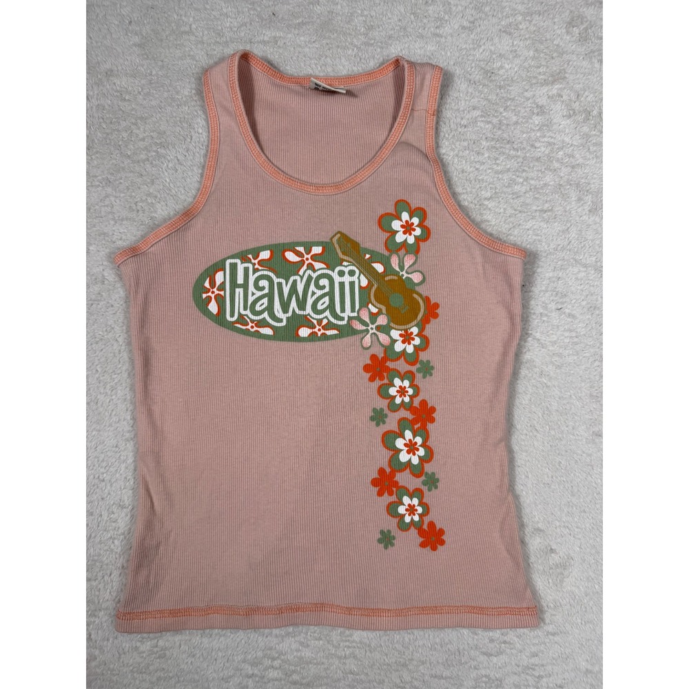 Unionbay Tank Top Women XL Pink Good Hawaii Ukulele Graphic Y2K Tropical Ribbed‎